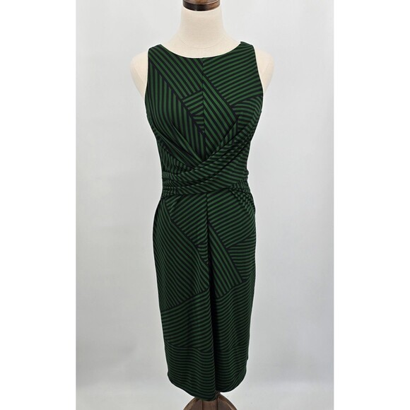 NEW Ann Taylor Sleeveless Dress Women's 0 Green and Blue Striped Rouched Stretch - Picture 2 of 7